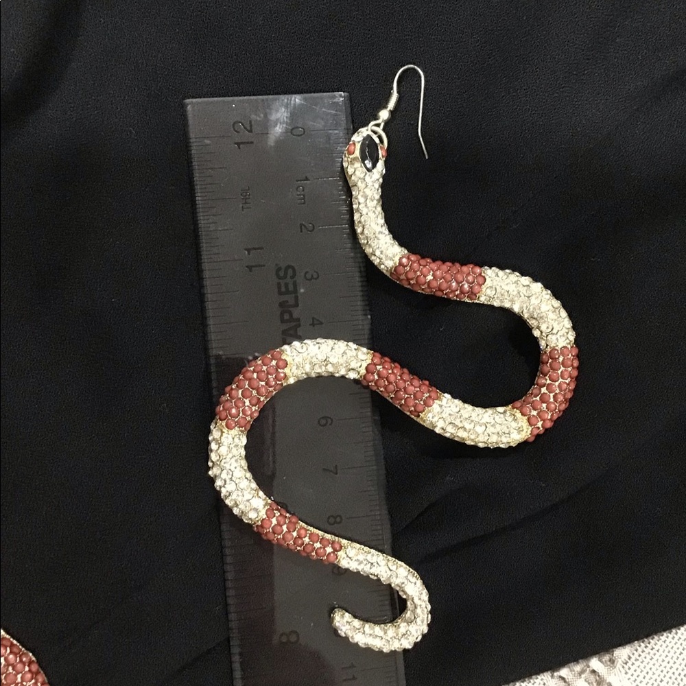 Snake Serpent drop earrings. Two toned, silver/red